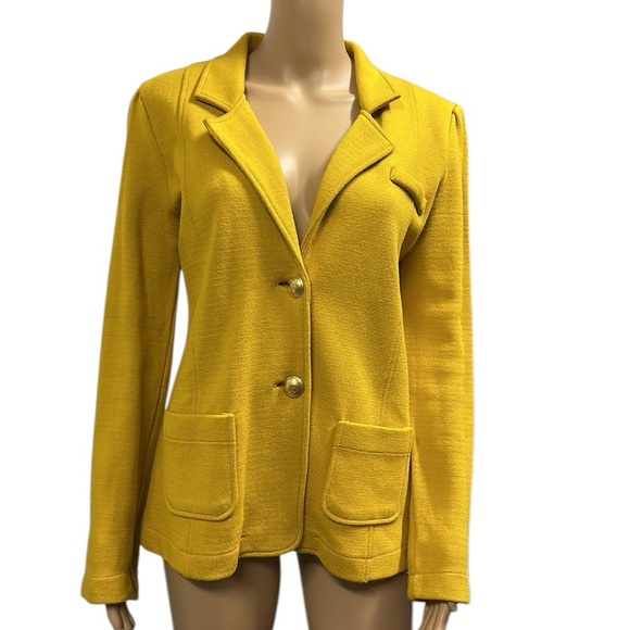 525 America Mustard Yellow Knit 2 Button Blazer Jacket with Pockets Womens Large - Picture 1 of 15